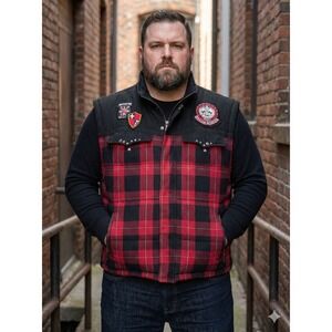 Parish Nation‎ Plaid Puffer Vest Men's 3XL Full Zip Patches Motorcycle Biker